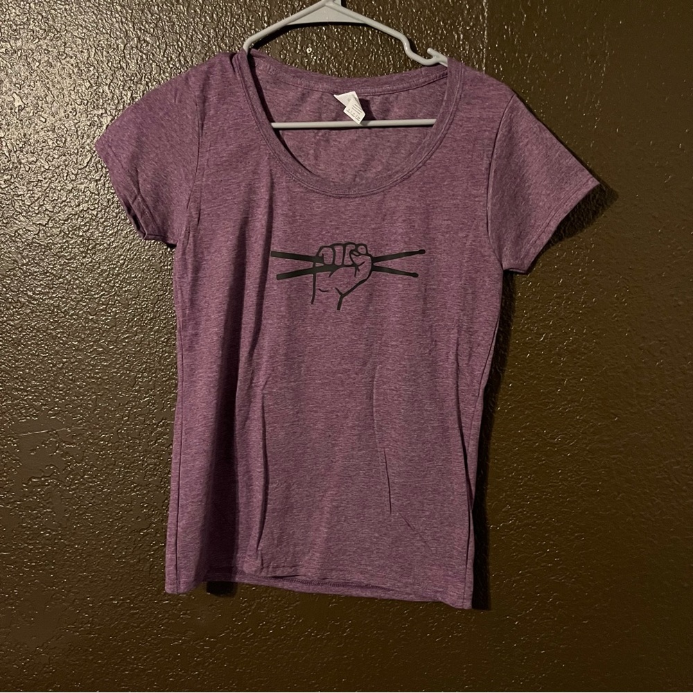 Purple Short Sleeve Crew Neck Top with Drummer Sticks / Pound Sticks, Size S